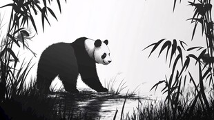 水墨风熊猫漫步竹林间