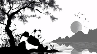 熊猫倚树赏湖光山色