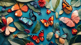 多彩蝴蝶与花叶的梦幻组合