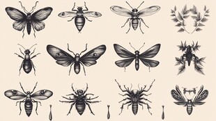 复古风昆虫插画图案集合
