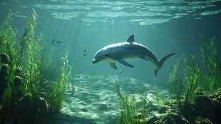 海豚在水下绿植间优雅游动