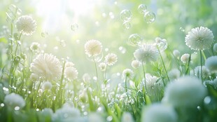 阳光下的白色蒲公英花海