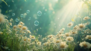 阳光下的雏菊与梦幻泡泡