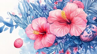 粉色木槿花卉水彩插画