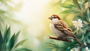 枝头麻雀栖于葱郁花叶间