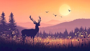 夕阳下的林间雄鹿与飞鸟