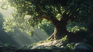 阳光照耀下的古老参天大树