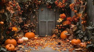 秋意浓 门前南瓜落叶之景