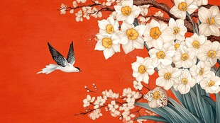 红底花鸟图 春景添诗意