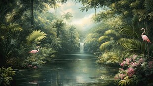梦幻丛林中的火烈鸟与溪流