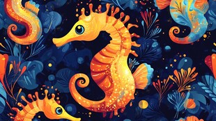 梦幻海底世界的海马插画