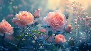 梦幻粉玫瑰绽放于晨光中