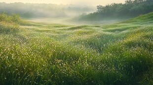 晨雾中的翠绿原野