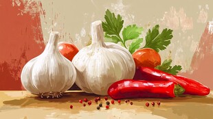 新鲜蒜椒番茄静物插画