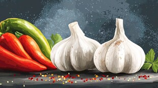 大蒜与彩椒的静物组合