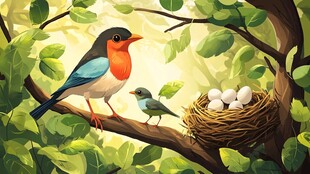 树上鸟儿与巢中的鸟蛋