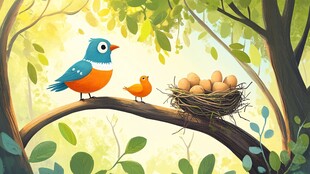 树枝上的鸟儿与鸟巢