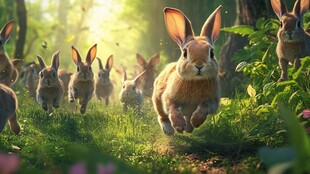 兔子群在森林草地中奔跑