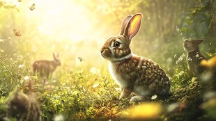 森林中可爱的野兔与蝴蝶