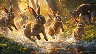 兔子群在溪边欢快奔跑