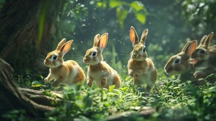 森林中可爱的野兔群