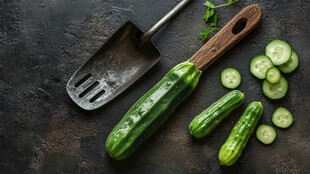 复古铲具旁的鲜脆小黄瓜