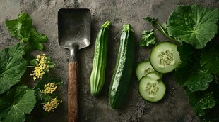 新鲜西葫芦与园艺工具展示