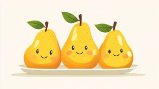 三个萌趣笑脸梨在盘中