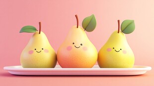 三个萌态梨子摆放在盘上