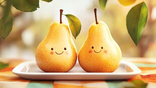 可爱笑脸梨 摆于多彩桌布上