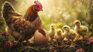 母鸡护雏 温馨田园一幕