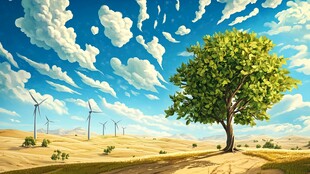 旷野孤树与风力发电机景观