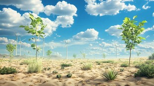 蓝天沙地间的生机与风力设施