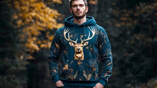 男士身着鹿头图案连帽卫衣