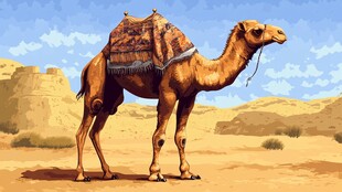 沙漠中的单峰骆驼与鞍具