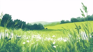 清新绿野田园风光插画