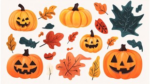 万圣节南瓜与秋叶插画