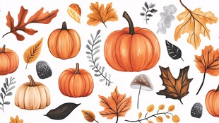 秋季南瓜与落叶插画元素