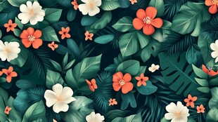 热带花卉绿叶图案背景
