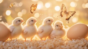 雏鸡与蝴蝶的梦幻场景