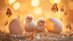 新生雏鸡与飞舞蝴蝶场景