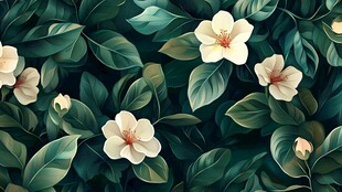 绿叶白花的唯美花卉图案