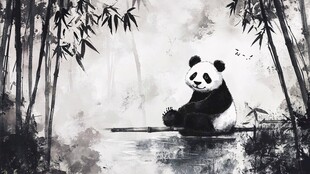 水墨风竹林中的悠然熊猫