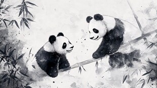 水墨风双熊猫嬉戏图
