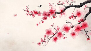 水墨红梅枝头飞鸟图