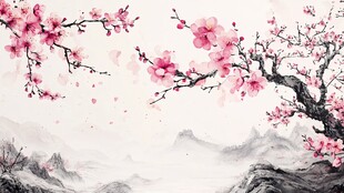 水墨桃花图 山水间春意浓
