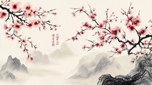 水墨桃花映远山