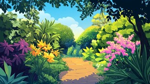 梦幻森林中的缤纷花草小径