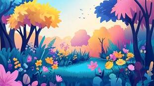 梦幻绚丽的森林花卉景观