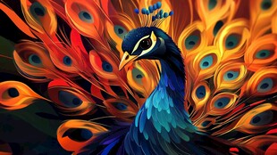 绚丽孔雀开屏艺术插画